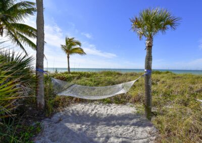 Image of a hammock strung up between two palm trees on the beach.